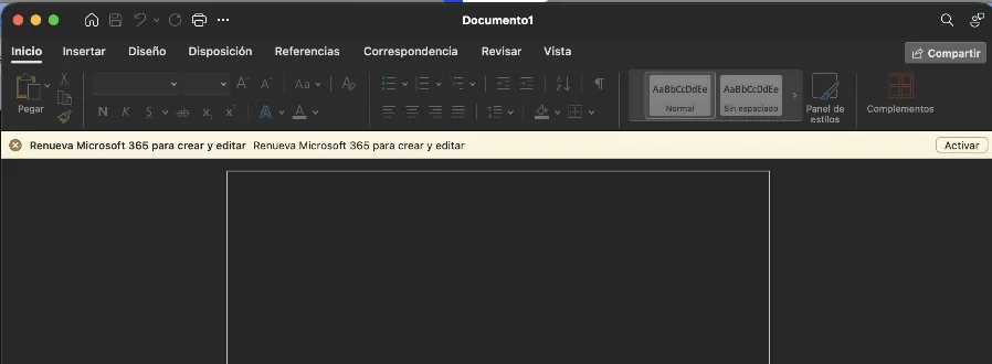 Word para Mac con el aviso Renueva Microsoft 365 para crear y editar