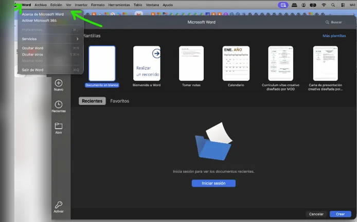 Menú Word > Acerca de Microsoft Word en Mac