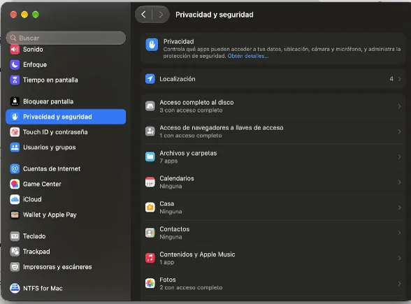 Privacidad y seguridad > Acceso completo al disco en macOS