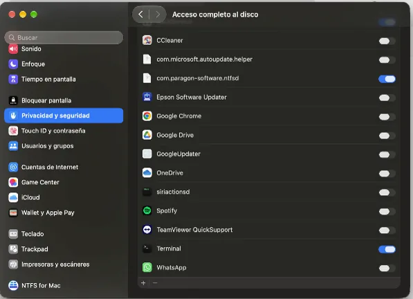 Interruptor de Terminal activado en Acceso completo al disco