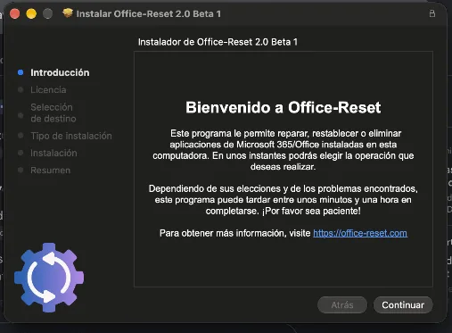 Instalador de Office-Reset en Mac: pantalla de bienvenida