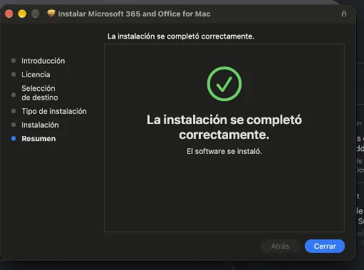 La instalación de Office para Mac se completó correctamente