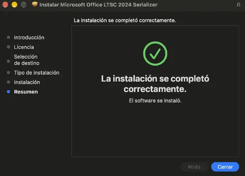 El instalador serializado de Office LTSC 2024 se completó correctamente