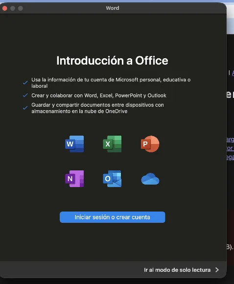 Pantalla Introducción a Office al abrir Word en Mac